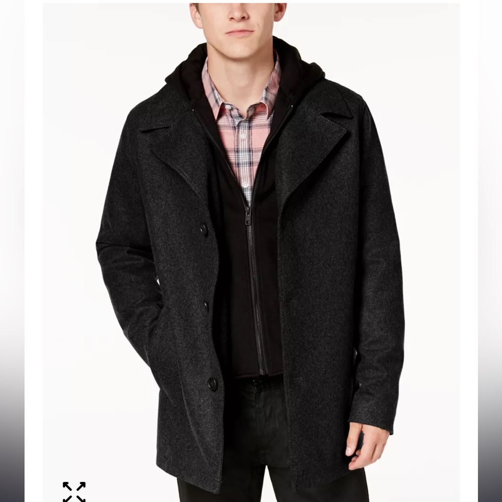 GUESS Men’s Black Hooded Single Breasted Wool Coat Size Large